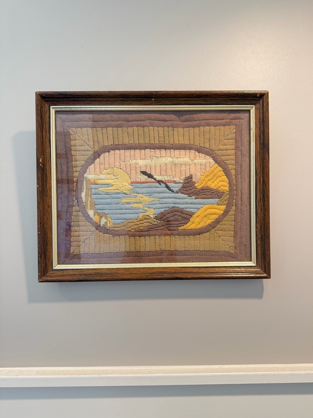 Vintage Handcrafted Long-Stitch Needlepoint Coastal Sunset Framed Landscape